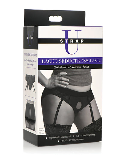 Strap U Laced Seductress Lace Crotchless Panty Harness W/garter Straps - Black